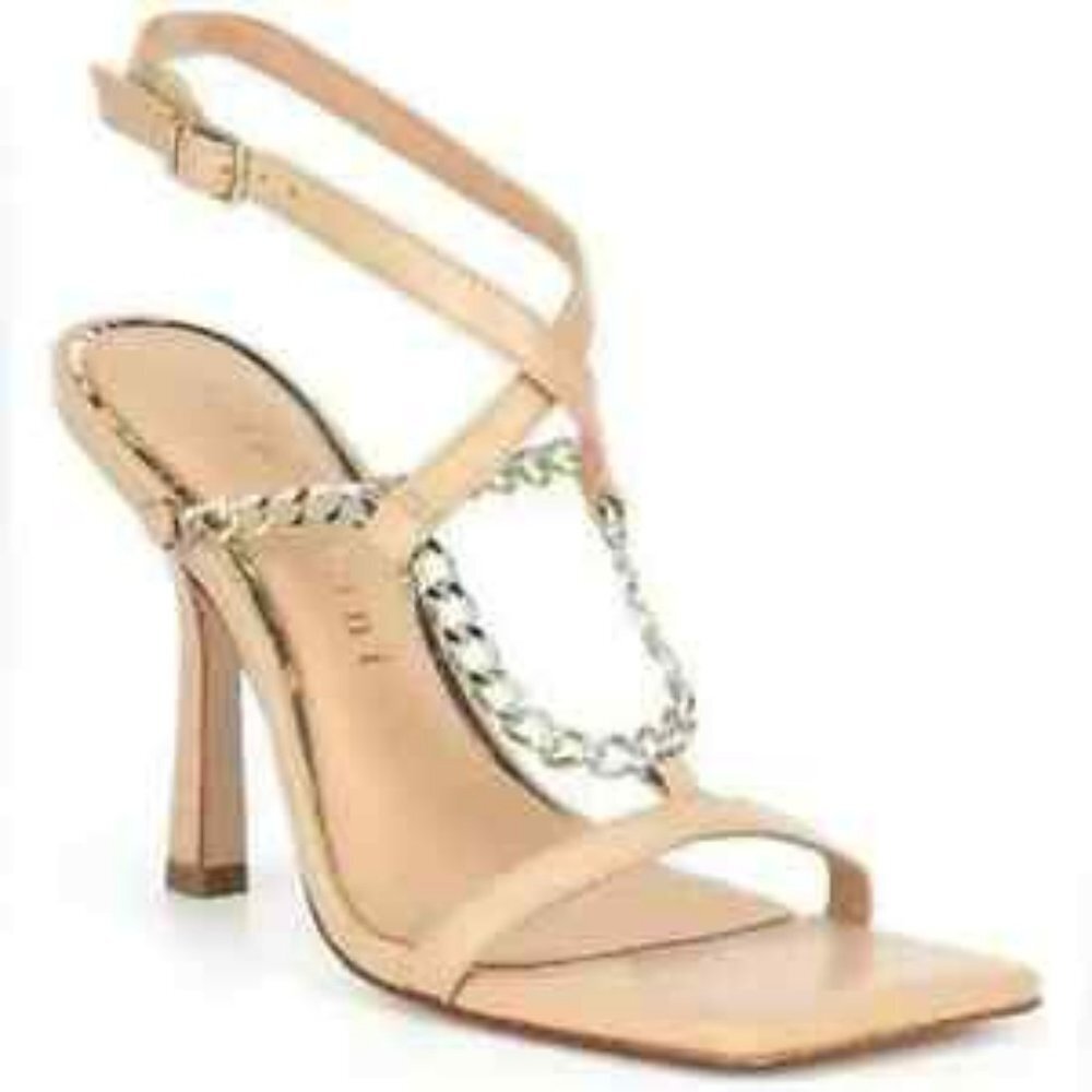 Nude Chain-Accent Strappy High Heel Sandal